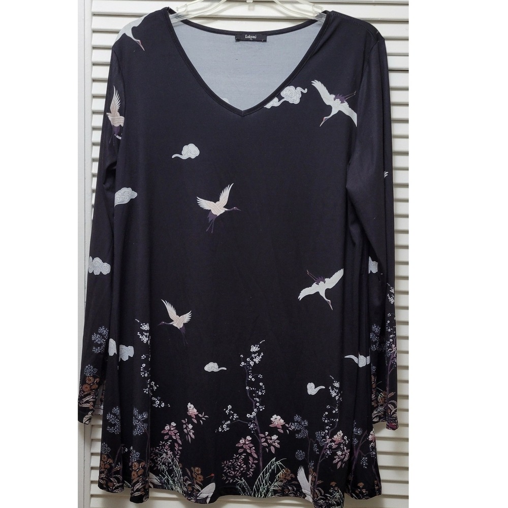 Tunic Black Bright Floral Print Blouse Breezy Laksmi Womens XL 
Flared serene